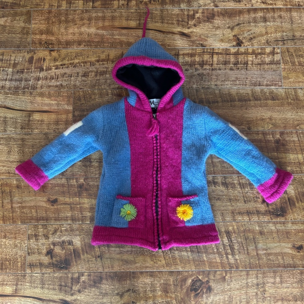 Hooded Knit Wool Jacket with Flower Accents